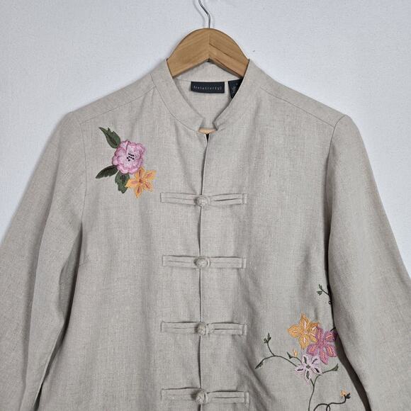 Relativity Linen Jacket Sz S Beige Pink Green Floral Embroider Coquette Coastal - Picture 2 of 14